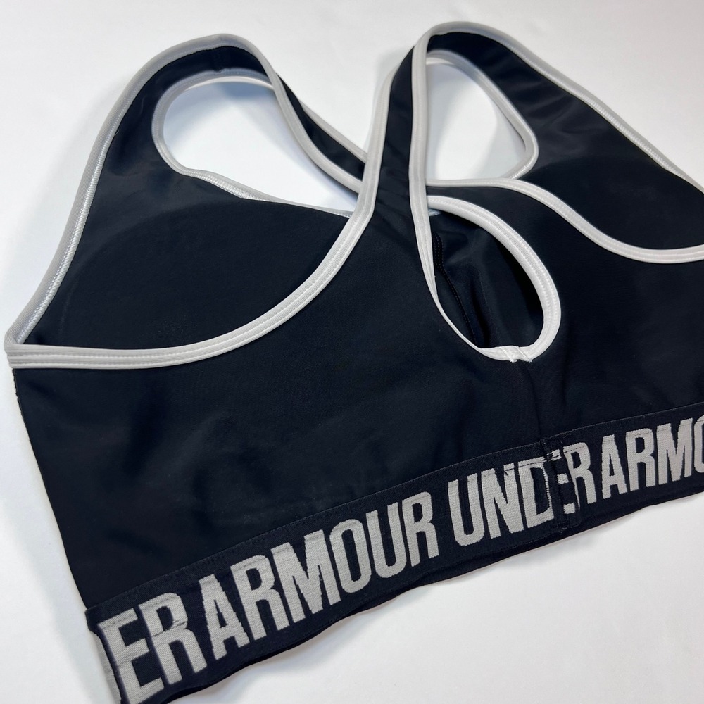 Under Armour Mid Keyhole Sports Bra Size Large Black Gray Logo Band - Picture 8 of 9